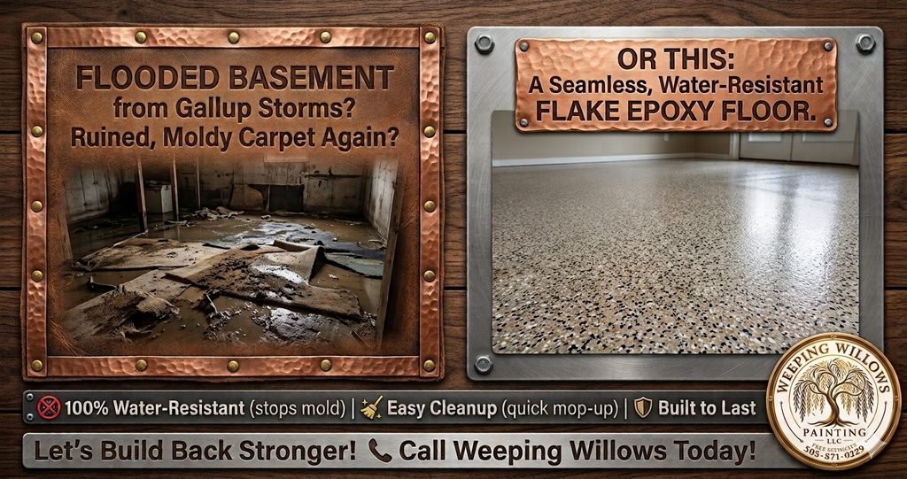 Flyer: a flooded basement with ruined carpet, and a seamless, water-resistant flake epoxy floor
